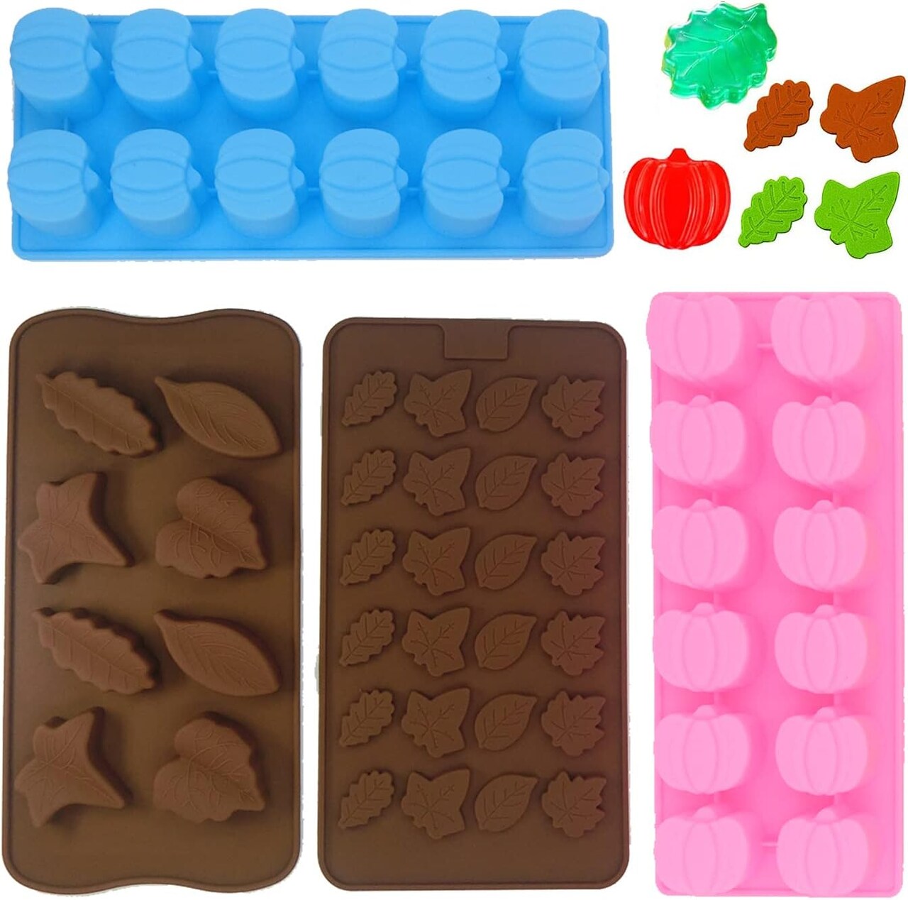 4 Pieces Fall 3D Mini Pumpkin Maple Leaves Silicone Chocolate Molds - 12 Shapes
